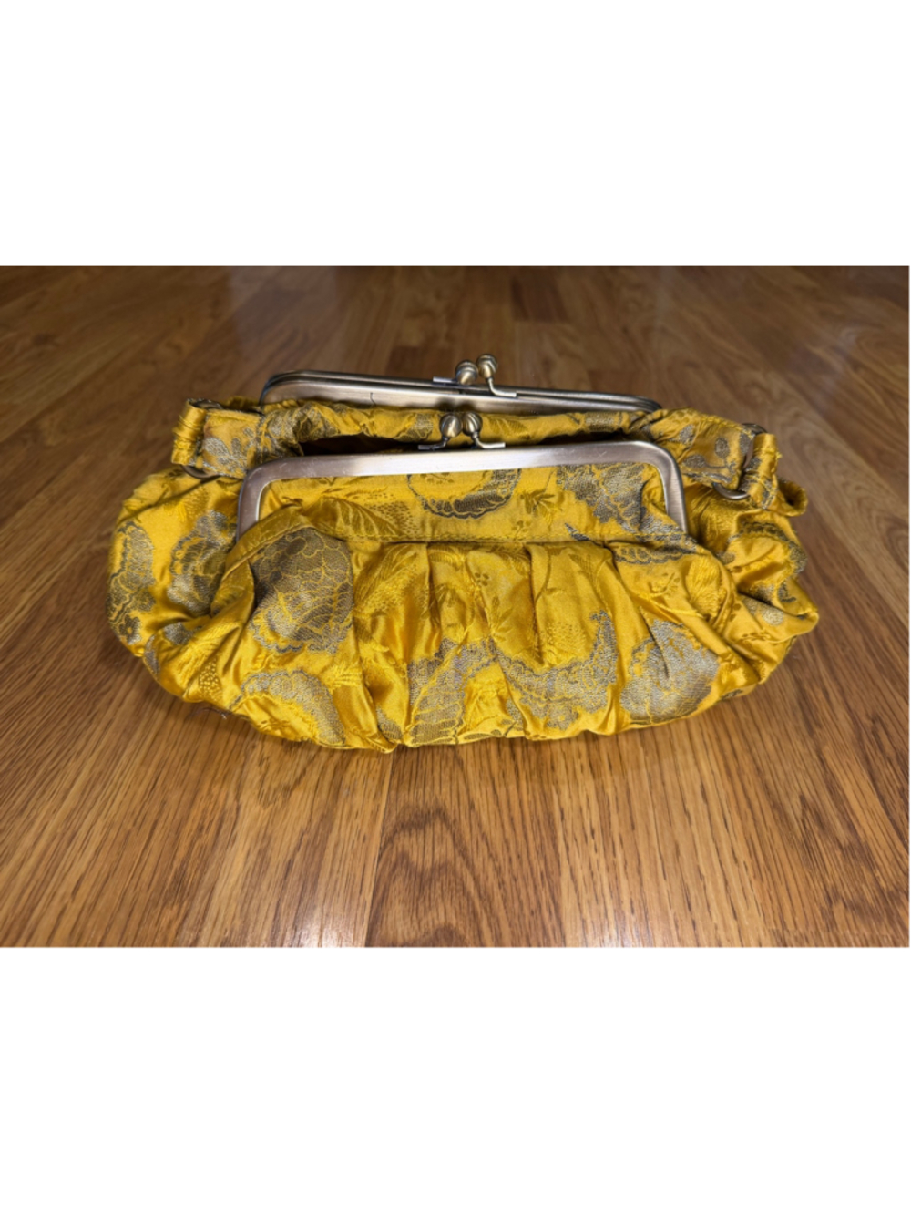 Anthropologie Y2K Nest Clutch Bag Yellow Gold Floral Silk Blend